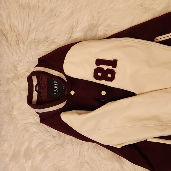 GUESS LEATHER MAROON WHITE VARSITY JACKET SIZE LARGE - Picture 7 of 10